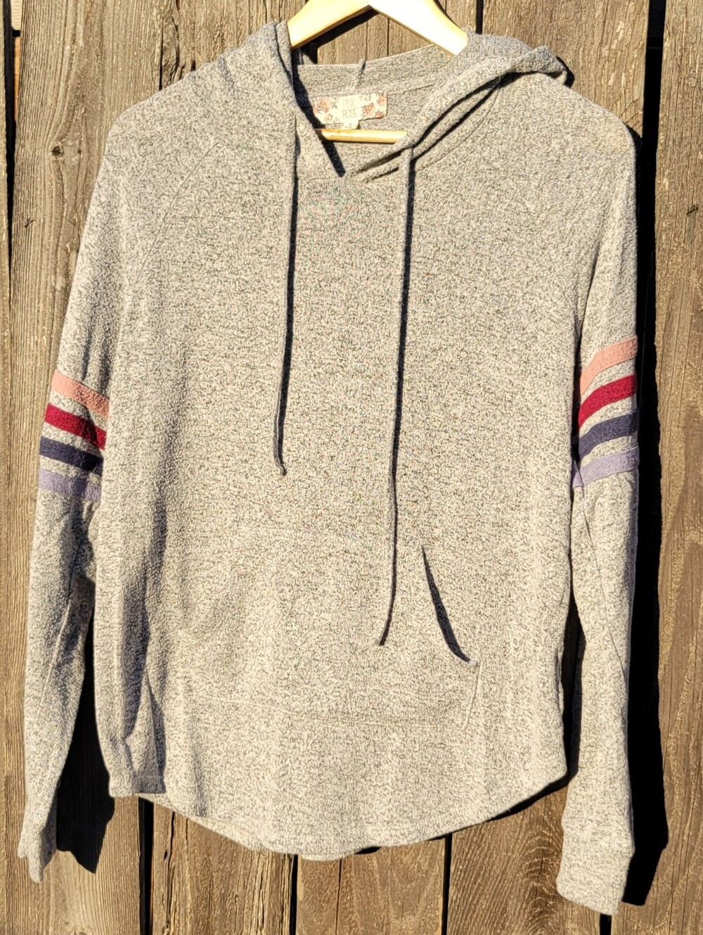 Pink Rose Heather Gray Hoodie with Sleeve Stripes Sz L Cozy Soft Lightweight